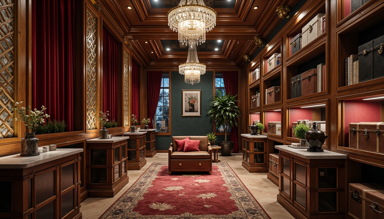 Prompt: Luxurious storage room, ornate metalwork, polished chrome accents, geometric patterns, velvet drapes, rich wood tones, marble countertops, metallic sheen, crystal chandeliers, vintage luggage racks, leather-bound trunks, antique furniture pieces, lavish textiles, intricate inlays, opulent jewel-toned colors, dramatic spotlights, high-contrast shadows, 1/1 composition, shallow depth of field, cinematic lighting.