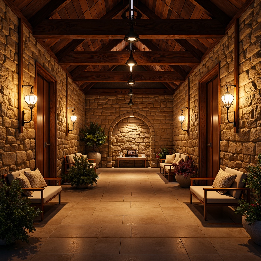 Prompt: Warm rustic memorial center, natural stone walls, wooden accents, dimmable pendant lights, soft warm glow, lantern-style lighting, candle-like ambiance, subtle color temperature, cozy atmosphere, intimate spaces, vintage decorative fixtures, distressed metal finishes, earthy tone colors, organic textures, natural materials, peaceful ambiance, serene mood, gentle shadows, 1/1 composition, shallow depth of field, realistic renderings, ambient occlusion.