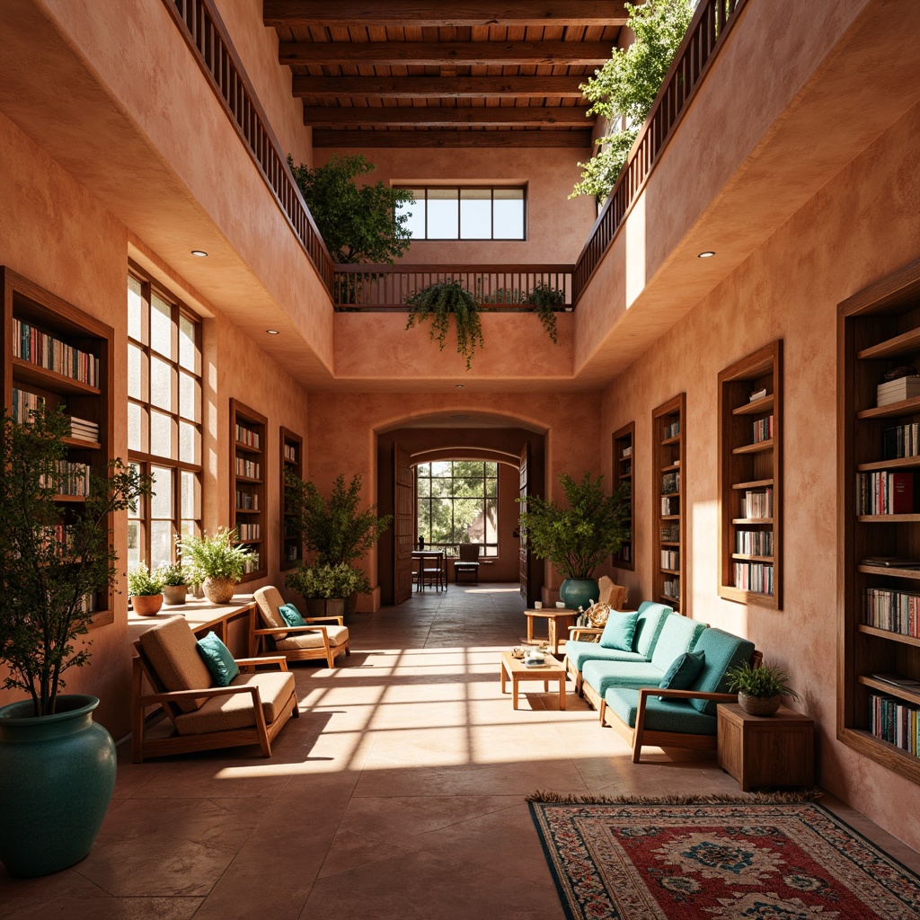 Prompt: Warm southwestern library, earthy tones, terracotta walls, rustic wooden accents, woven textiles, vibrant turquoise hues, geometric patterns, adobe-style architecture, natural stone flooring, cozy reading nooks, comfortable seating areas, warm lighting, shallow depth of field, 3/4 composition, panoramic view, realistic textures, ambient occlusion.