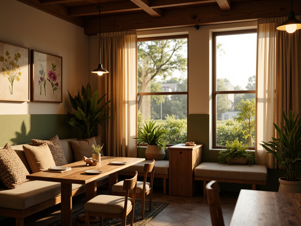 Prompt: Cozy breakfast nook, warm golden lighting, soft morning glow, pendant lamps, rustic wooden tables, plush cushions, natural stone flooring, earthy color palette, greenery walls, botanical prints, warm beige curtains, sunny side windows, softbox lighting, 1/1 composition, shallow depth of field, realistic textures.