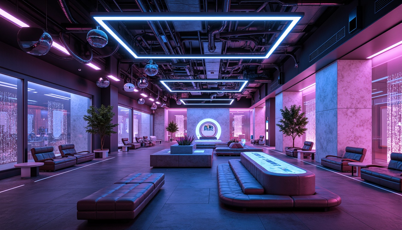 Prompt: Futuristic interior, neon-lit ambiance, sleek metal fixtures, glowing LED strips, holographic displays, minimalist ceiling lamps, orb-shaped pendant lights, fiber-optic chandeliers, iridescent glass shades, crystal-like prisms, geometrically patterned diffusers, ambient floor lighting, color-shifting mood lights, smart home automation systems, voice-controlled illumination, 3D-printed lamp designs, abstract sculptures with integrated lighting, futuristic materials like polycarbonate and acrylic, high-tech gadgetry, cyberpunk-inspired aesthetics.