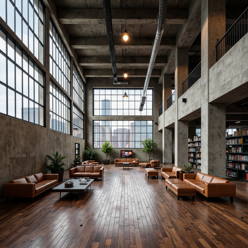 Prompt: Industrial-style factory, brutalist concrete walls, steel beams, wooden floors, minimalist decor, functional furniture, tubular steel chairs, leather sofas, industrial lighting fixtures, metal shelves, geometric patterns, primary color schemes, bold typography, raw textures, exposed ductwork, urban cityscape, cloudy day, high-contrast lighting, shallow depth of field, 2/3 composition, symmetrical view, realistic materials, ambient occlusion.