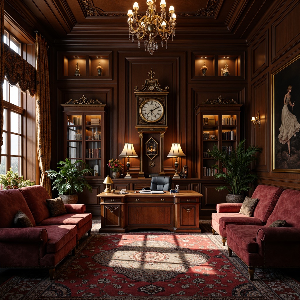 Prompt: Richly ornate home office, dark wood paneling, intricately carved wooden furniture, plush velvet upholstery, antique brass hardware, vintage-inspired lamps, leather-bound books, ornamental clock, luxurious rugs, heavy drapery, opulent chandeliers, warm golden lighting, dramatic shadows, 1/2 composition, shallow depth of field, realistic textures, ambient occlusion.