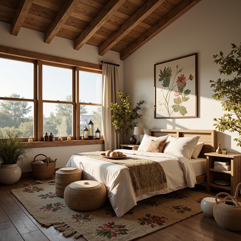 Prompt: Rustic farmhouse bedroom, warm earthy tones, soft creamy whites, natural wood accents, vintage metal lanterns, candles, string lights, warm golden lighting, layered textiles, plush area rugs, distressed wooden furniture, floral patterns, nature-inspired artwork, botanical prints, woven baskets, cozy reading nook, oversized windows, gentle morning light, soft focus, shallow depth of field, 2/3 composition, warm color palette.