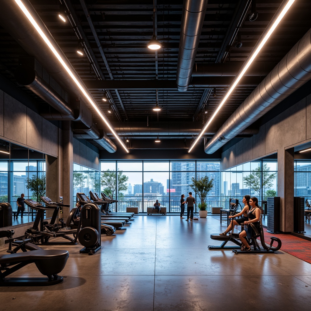 Prompt: Modern fitness center, high ceilings, industrial-chic decor, steel beams, polished concrete floors, state-of-the-art equipment, mirrored walls, LED strip lights, overhead spotlights, ambient soft lighting, natural daylight, large windows, urban cityscape view, contemporary architecture, minimalist design, metallic accents, neon signs, energetic atmosphere, dynamic shadows, high-contrast ratio, shallow depth of field, 1/2 composition.