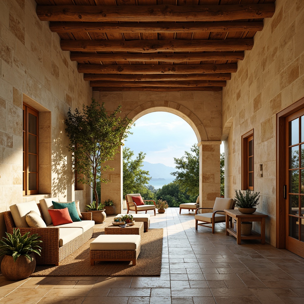 Prompt: Warm Mediterranean villa, rustic stone walls, wooden beam ceilings, earthy terracotta floors, soft golden lighting, serene atmosphere, gentle ocean breeze, lush greenery, vibrant bougainvillea flowers, turquoise accents, creamy whites, weathered wood tones, natural linen fabrics, woven rattan furniture, ornate metalwork details, warm beige stucco, soft blue skies, dramatic archways, elegant columns, tranquil ambiance, shallow depth of field, 3/4 composition, realistic textures.