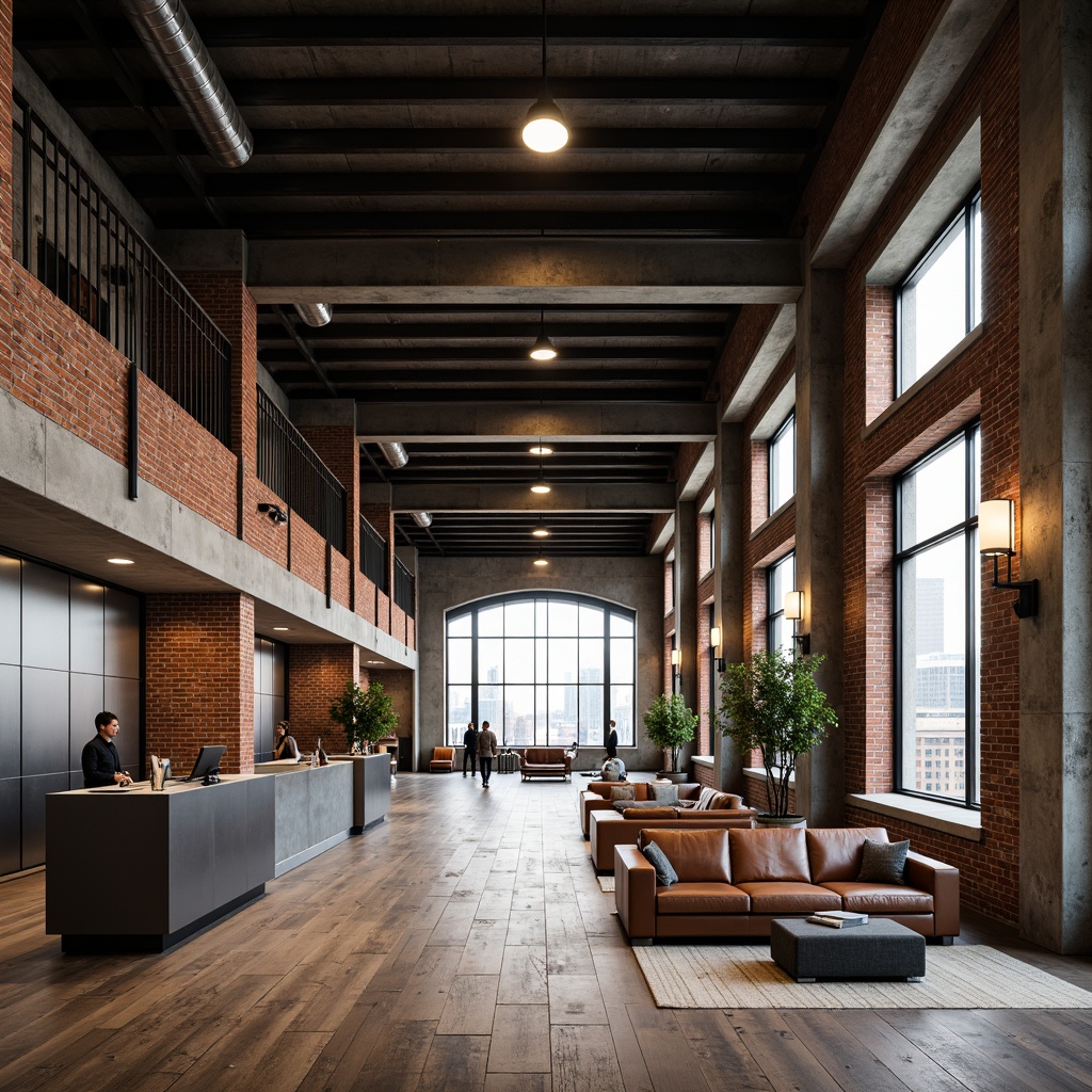 Prompt: Exposed brick walls, industrial metal beams, reclaimed wooden floors, minimalist decor, modern lighting fixtures, spacious open-plan lobby, sleek reception desk, metallic accents, urban-chic atmosphere, concrete columns, raw steel elevator doors, distressed leather sofas, polished chrome details, floor-to-ceiling windows, cityscape views, high-contrast lighting, dramatic shadows, cinematic composition, 1-point perspective, realistic textures, subtle ambient occlusion.