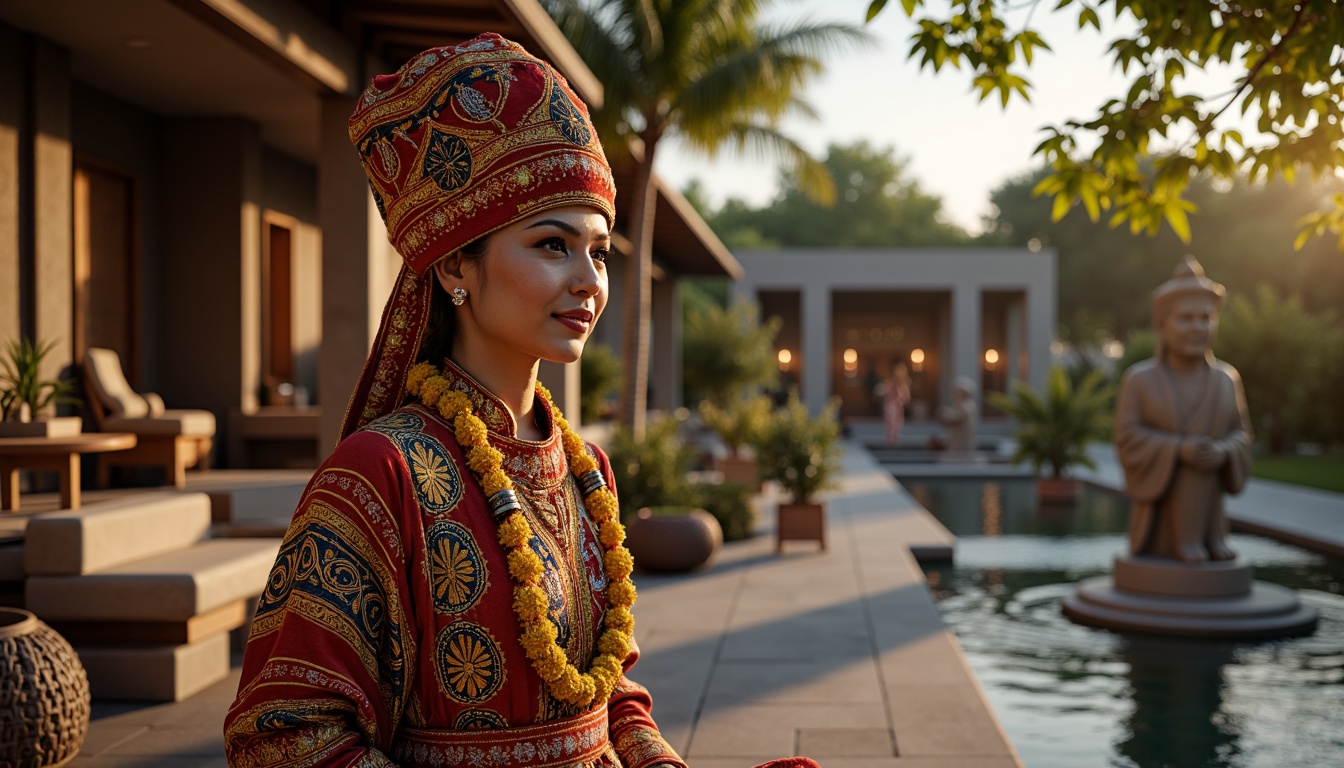 Prompt: Vibrant traditional costumes, intricate ethnic patterns, ornate cultural symbols, ancient artifacts, rustic wooden carvings, colorful textiles, woven baskets, ceremonial masks, rich velvet fabrics, golden embroidery, majestic stone statues, mystical lanterns, serene water features, lush greenery, warm sunset lighting, shallow depth of field, 1/1 composition, realistic textures, ambient occlusion.