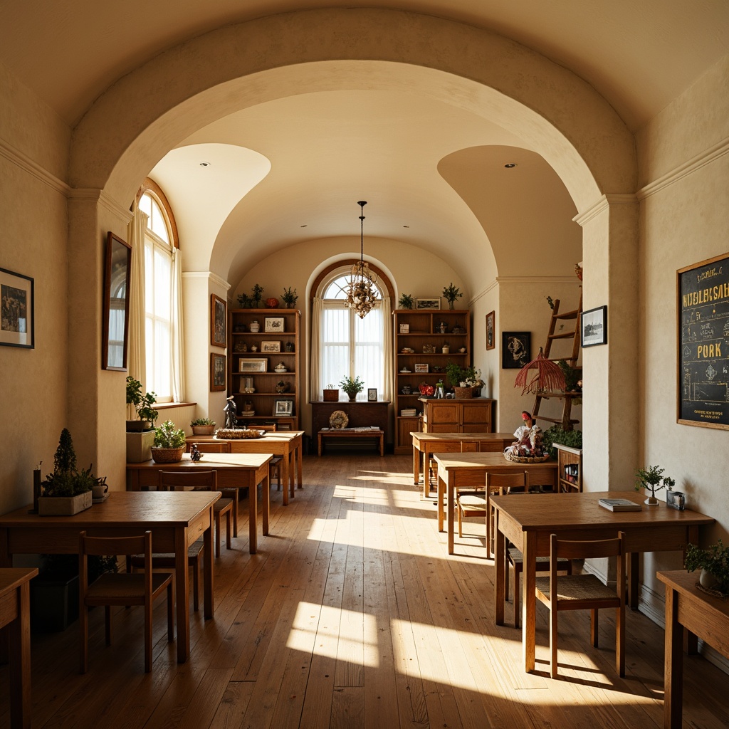 Prompt: Vintage kindergarten classroom, traditional wooden desks, antique chairs, distressed finishes, warm beige colors, soft creamy textures, classic alphabet posters, rustic wooden shelves, woven wicker baskets, vintage educational toys, natural oak flooring, cozy reading nooks, rounded archways, elegant chandeliers, warm golden lighting, shallow depth of field, 1/1 composition, realistic textures, ambient occlusion.