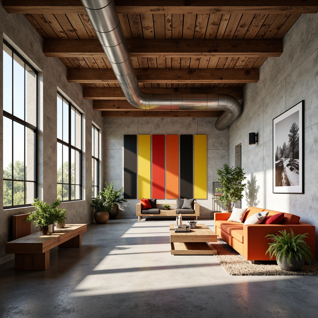 Prompt: Bauhaus-style interior, industrial chic, raw concrete walls, exposed ductwork, steel beams, wooden accents, bold color blocking, primary colors, bold typography, minimalist decor, functional furniture, geometric shapes, brutalist architecture, urban loft atmosphere, natural light, softbox lighting, 1/1 composition, high contrast ratio, realistic textures, ambient occlusion.