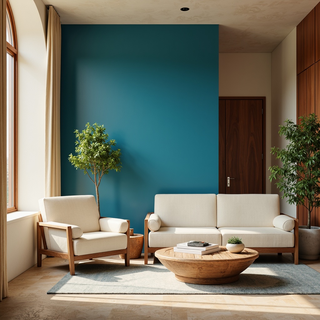 Prompt: Vibrant cerulean blue accents, warm beige walls, rich walnut wood furniture, soft cream-colored upholstery, natural stone flooring, modern minimalist decor, abstract geometric patterns, subtle gradient effects, calming atmosphere, bright sunny day, shallow depth of field, 1/1 composition, realistic textures, ambient occlusion.