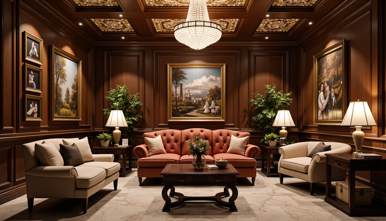 Prompt: Elegant basement, neoclassical style, ornate furnishings, luxurious fabrics, rich wood tones, marble floors, crystal chandeliers, tufted sofas, velvet armchairs, carved wooden coffee tables, gilded mirror frames, classic columns, soft warm lighting, shallow depth of field, 1/1 composition, realistic textures, ambient occlusion.