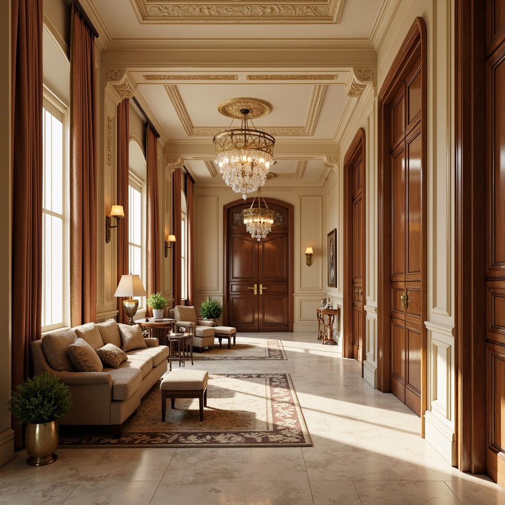 Prompt: Elegant interior, rich wood tones, cream marble floors, ornate moldings, gilded accents, soft golden lighting, luxurious fabrics, velvet drapes, intricate patterns, subtle neoclassical motifs, warm beige walls, refined furniture, classic proportions, symmetrical compositions, ornamental ceilings, crystal chandeliers, sophisticated color palette, muted pastels, earthy undertones, subtle contrast, harmonious balance, 1/2 composition, soft focus, warm atmospheric lighting.