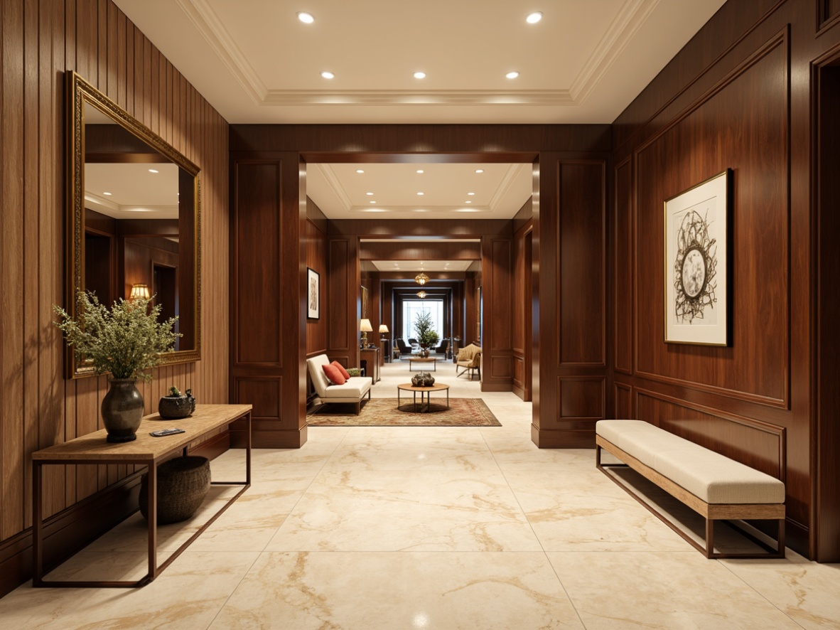 Prompt: Elegant entrance hall, sophisticated color scheme, rich wood tones, creamy marble floors, soft warm lighting, inviting atmosphere, luxurious furnishings, bold accent walls, metallic hardware, ornate mirrors, refined textiles, natural fiber rugs, subtle patterns, harmonious contrast, 3/4 composition, shallow depth of field, realistic render.