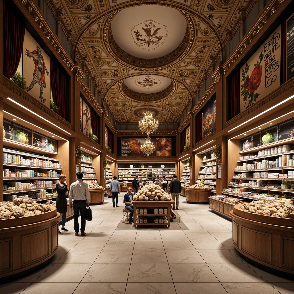 Prompt: \Grandiose grocery store interior, rich ornate detailing, golden accents, marble flooring, intricate fresco ceiling, lavish chandeliers, curved ornate shelving, vintage-inspired signage, luxurious velvet drapes, warm soft lighting, high-contrast shadows, 1/2 composition, shallow depth of field, realistic textures, ambient occlusion.\