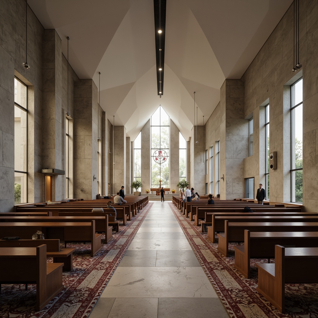 Prompt: Minimalist church interior, sleek modern architecture, clean lines, monochromatic color scheme, polished concrete floors, geometric patterned rugs, minimalist wooden pews, suspended LED lighting, subtle ambient illumination, shallow depth of field, 1/1 composition, realistic textures, ambient occlusion, calm atmosphere, natural stone accents, abstract stained glass windows, industrial metal fixtures, sacred symbols, soft warm glow, serene ambiance.