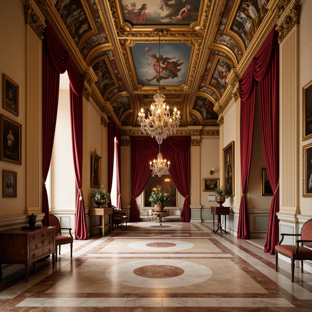 Prompt: Opulent museum interior, Renaissance-inspired decor, rich velvet drapes, ornate gold frames, cream-colored marble floors, grand chandeliers, intricate fresco ceilings, warm beige walls, luxurious crimson red accents, antique wooden furniture, ornamental vases, soft warm lighting, subtle shadows, 1/1 composition, detailed textures, atmospheric rendering.