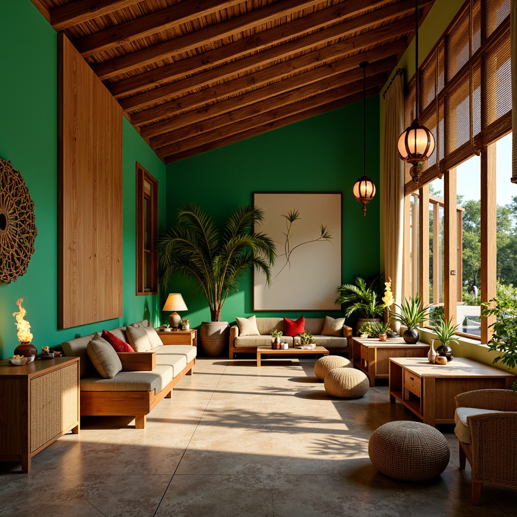 Prompt: Vibrant tropical interior, exotic wooden accents, lush green walls, natural fiber textiles, rattan furniture, colorful tiki torches, warm soft lighting, LED ambient glow, indirect illumination, recessed ceiling lights, pendant lamps, nature-inspired fixtures, woven bamboo shades, reclaimed wood beams, earthy color palette, organic shapes, modern minimalist decor, cozy intimate spaces, dramatic high ceilings, sunny day, warm atmospheric ambiance, 1/1 composition, realistic reflections, soft focus effect.