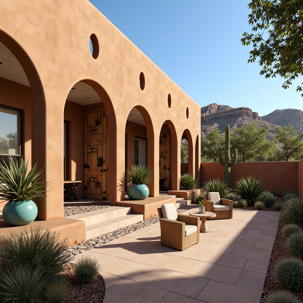 Prompt: Adobe earth-toned stucco walls, curved adobe arches, ornate wooden doors, rustic metal accents, vibrant turquoise accents, geometric patterned tiles, warm beige stone flooring, plush desert landscaping, majestic saguaro cacti, clear blue sky, soft warm lighting, shallow depth of field, 3/4 composition, panoramic view, realistic textures, ambient occlusion.