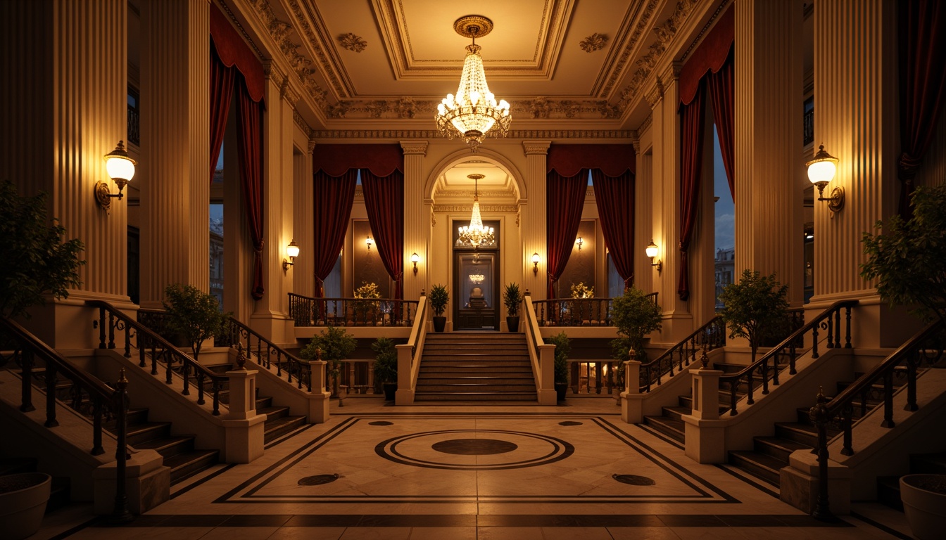 Prompt: Grandiose basement, neoclassical architecture, ornate columns, intricate moldings, elegant chandeliers, warm golden lighting, soft shadows, rich wood paneling, luxurious velvet drapes, marble flooring, stately staircases, ornamental railings, symmetrical composition, dramatic low-key lighting, cinematic atmosphere, mysterious ambiance, subtle color grading.