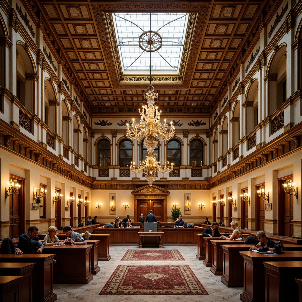 Prompt: Ornate courthouse, Renaissance Revival architecture, grandiose ceiling details, intricately carved wooden beams, ornamental plaster moldings, gilded accents, crystal chandeliers, stained glass skylights, decorative frescoes, majestic archways, marble flooring, richly patterned rugs, lavish furnishings, warm golden lighting, shallow depth of field, 1/2 composition, high-angle shot, realistic textures, ambient occlusion.