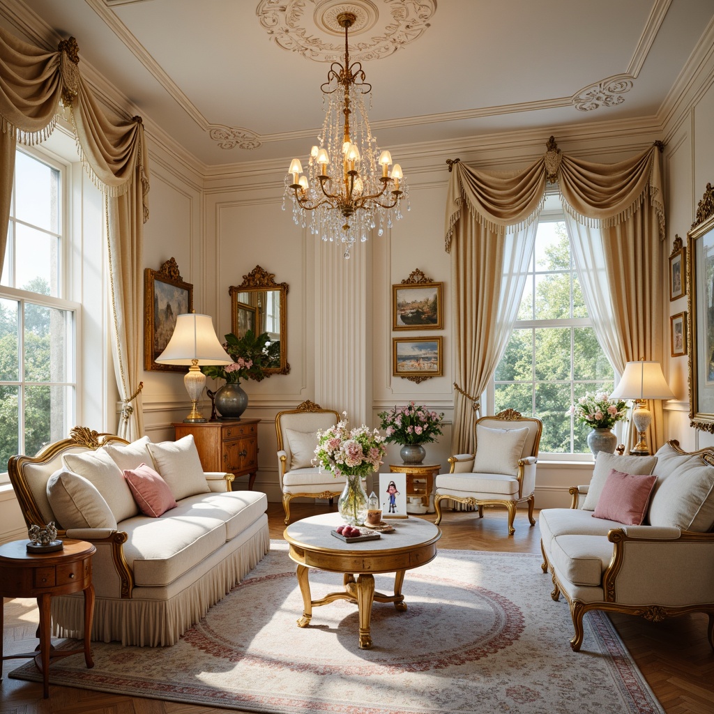 Prompt: Opulent craft room, ornate furnishings, soft pastel hues, creamy whites, warm gold accents, delicate florals, intricate patterns, velvet fabrics, luxurious textures, crystal chandeliers, grandiose mirrors, lavish drapery, French-inspired decor, elegant curves, refined lines, abundant natural light, warm candlelight, 1/1 composition, shallow depth of field, realistic reflections.