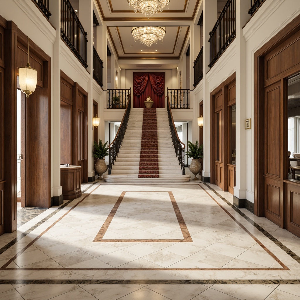 Prompt: Marble flooring, herringbone pattern, polished finish, neutral color palette, ornate borders, inlaid wood accents, classical columns, grand staircases, sweeping archways, ornamental moldings, luxurious fabrics, velvet drapes, crystal chandeliers, soft warm lighting, 1/1 composition, shallow depth of field, realistic textures, ambient occlusion.