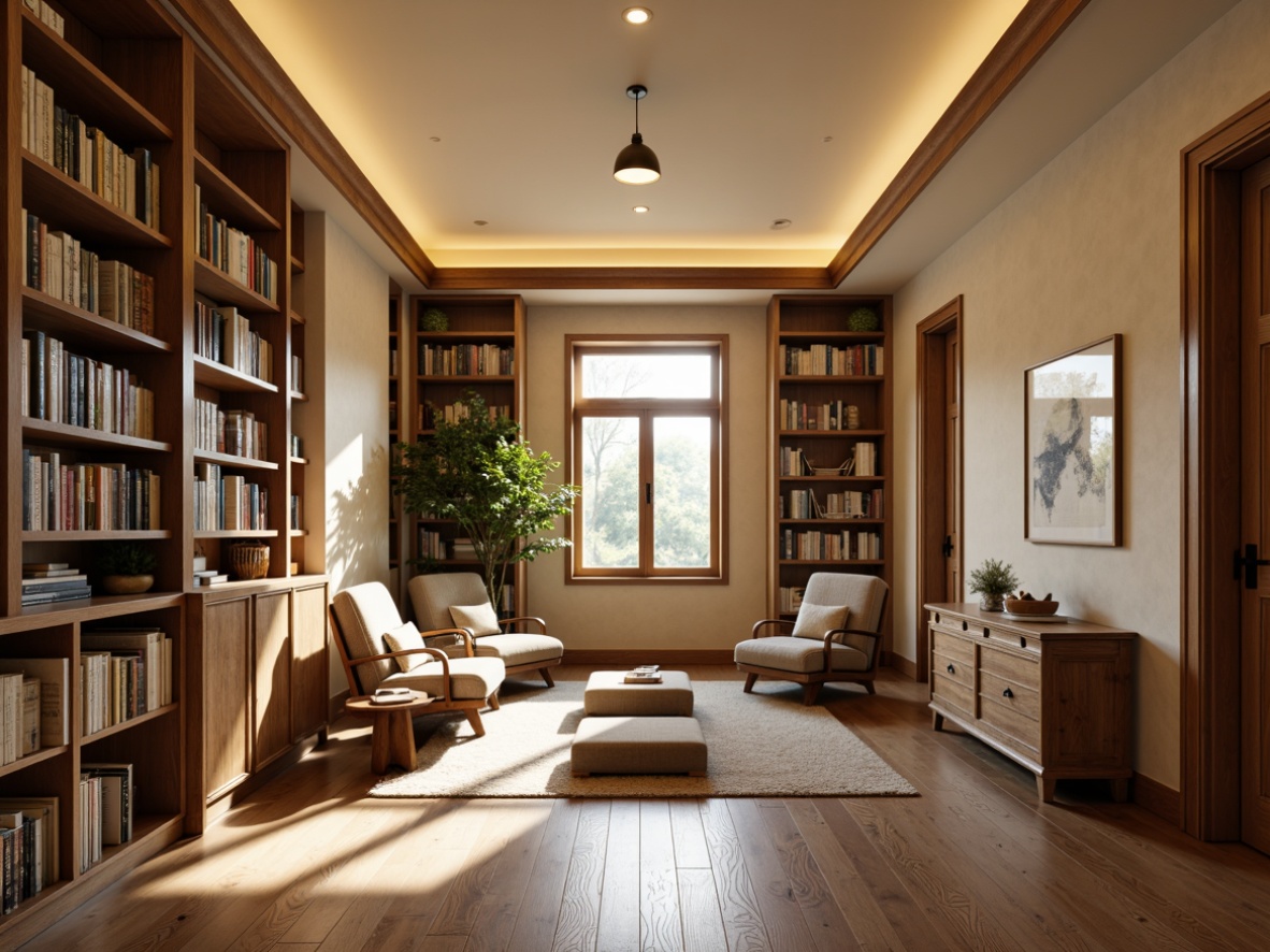 Prompt: Cozy study nook, warm beige walls, wooden flooring, floor-to-ceiling bookshelves, comfortable reading chairs, softbox lighting, warm task lighting, pendant lamps, rustic wood accents, natural textiles, earthy color palette, calming atmosphere, quiet ambiance, minimalist decor, elegant simplicity, modern academic style, functional layout, ample storage, clever use of space, bright white trim, subtle cream tones, rich wood furniture, plush area rugs, soft indirect lighting, 1/2 composition, shallow depth of field.