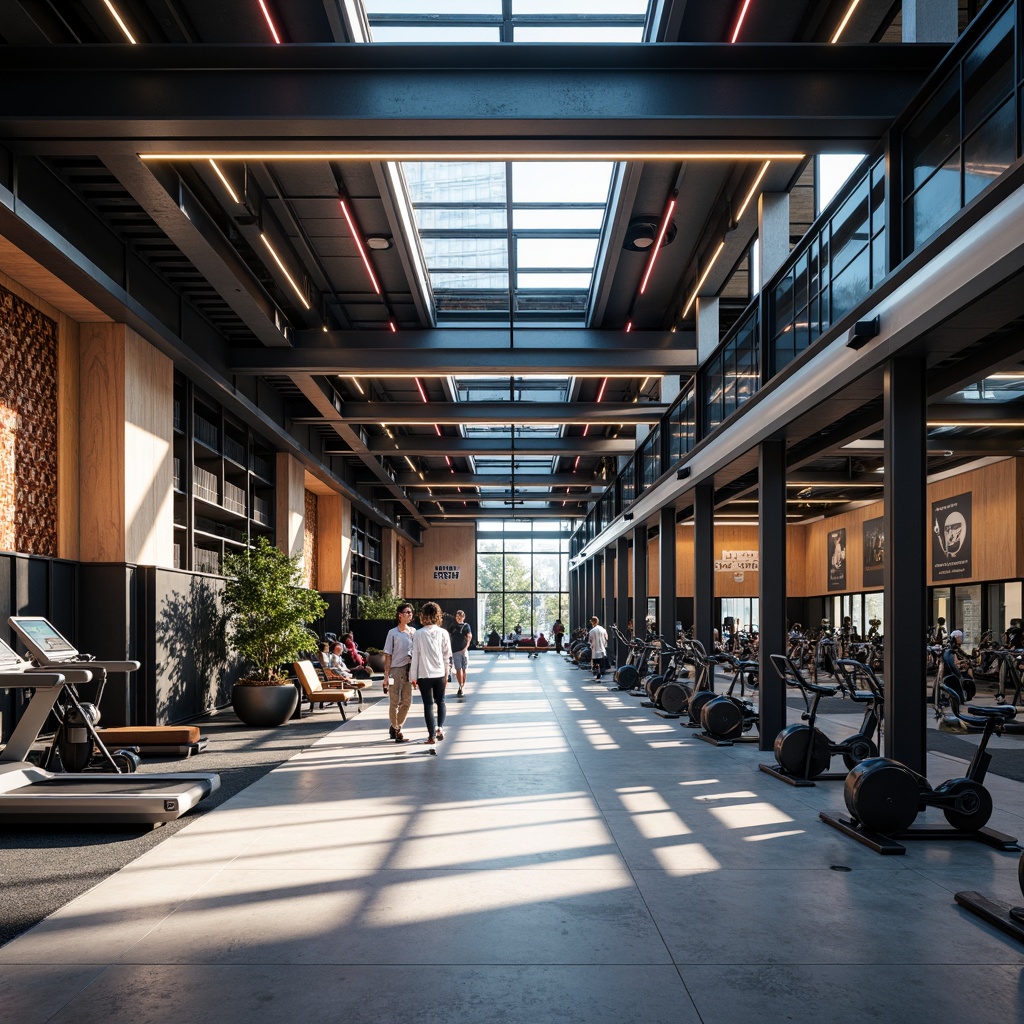 Prompt: Modern fitness center, industrial-style lighting, metal beams, exposed ductwork, high ceilings, LED strip lights, color-changing ambiance, energizing atmosphere, dynamic shadows, rustic wood accents, polished concrete floors, motivational quotes, athletic equipment, free weights, treadmills, stationary bikes, mirrored walls, sleek steel columns, natural light pouring in, overhead skylights, diffused soft lighting, 1/2 composition, symmetrical framing, high-contrast highlights.