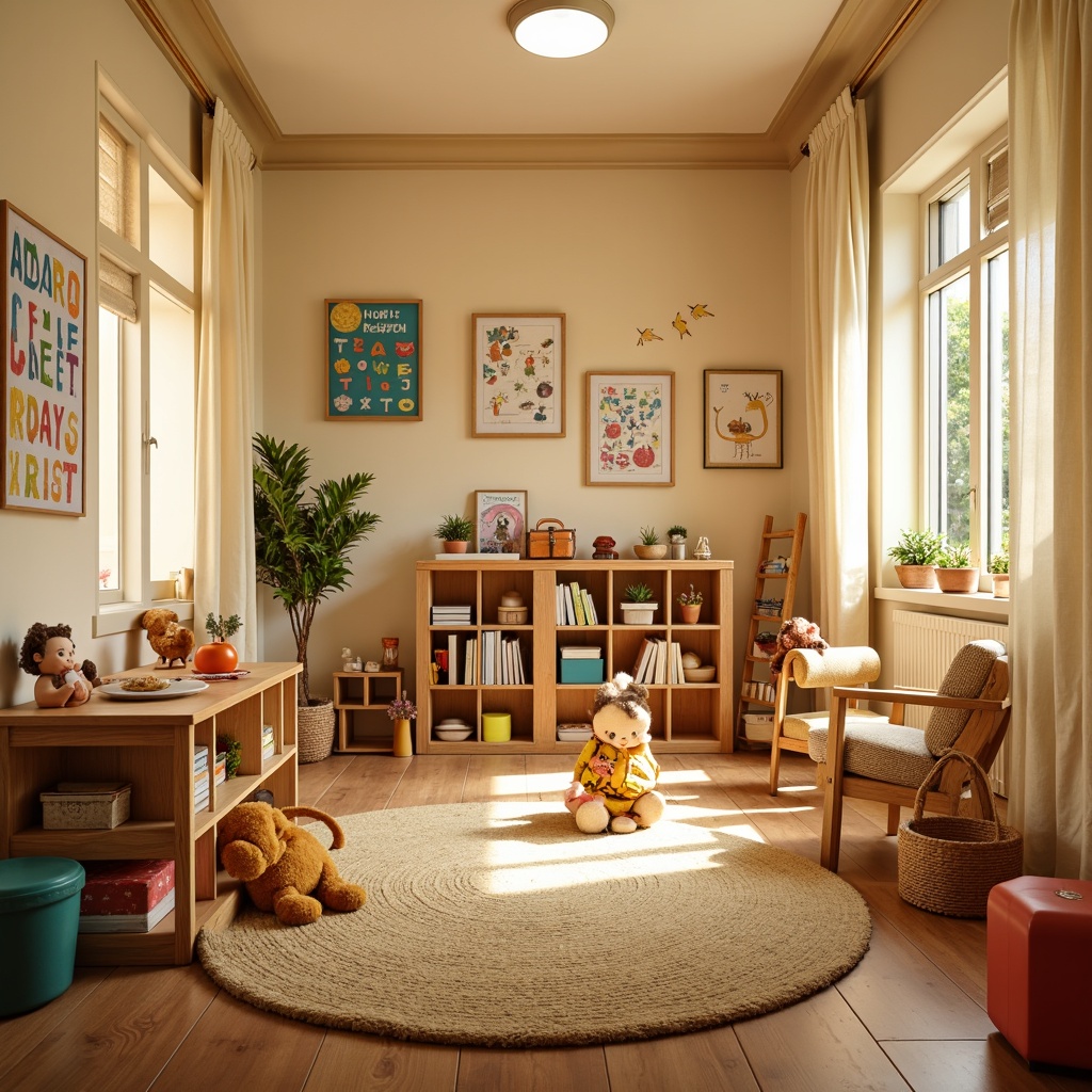 Prompt: Warm beige walls, soft cream accents, rich wooden furniture, vibrant primary colors, playful polka dots, whimsical illustrations, classic alphabet posters, educational charts, cozy reading nooks, plush area rugs, natural light, warm golden lighting, shallow depth of field, 1/1 composition, intimate atmosphere, traditional kindergarten setting, nostalgic feel, gentle color transitions, soothing background textures.