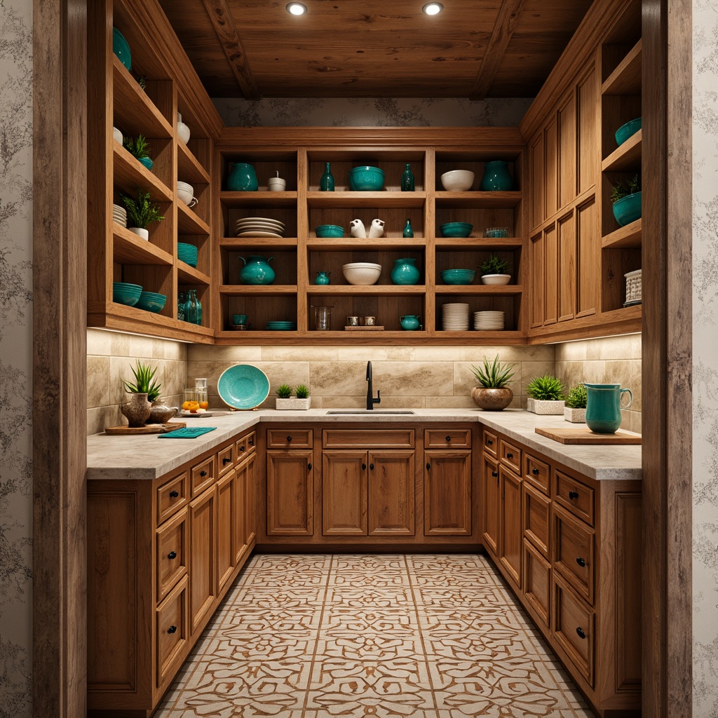 Prompt: \Southwestern-style pantry, rustic wooden cabinetry, earthy tone finishes, distressed wood textures, wrought iron hardware, turquoise accents, geometric patterned tiles, natural stone countertops, warm ambient lighting, shallow depth of field, 1/1 composition, realistic rendering, soft shadows, cozy atmosphere.\Please let me know if this meets your requirements!