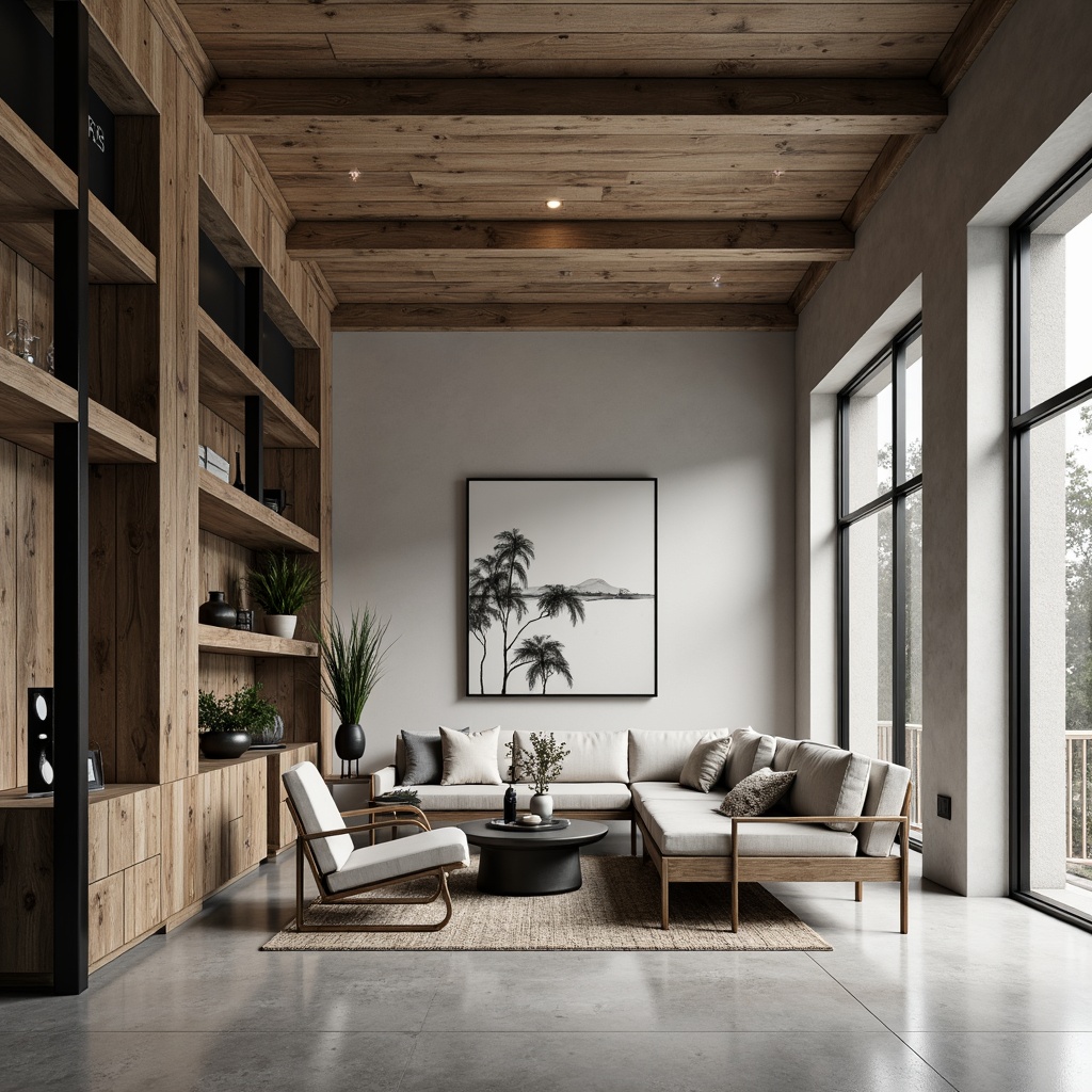 Prompt: Monochromatic color scheme, natural materials, reclaimed wood accents, industrial metal frames, sleek low-profile furniture, matte black fixtures, minimalist decor, empty space emphasis, calm atmosphere, soft diffused lighting, shallow depth of field, 1/1 composition, realistic textures, ambient occlusion.