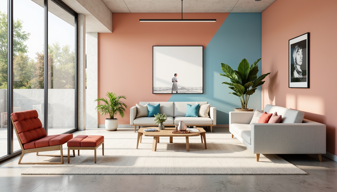 Prompt: Vibrant modern interior, sleek minimalist furniture, pastel color scheme, soft peach tones, calming blue hues, creamy white accents, natural wood textures, industrial metal frames, geometric patterns, abstract artwork, abundant natural light, shallow depth of field, 1/1 composition, realistic rendering, ambient occlusion.