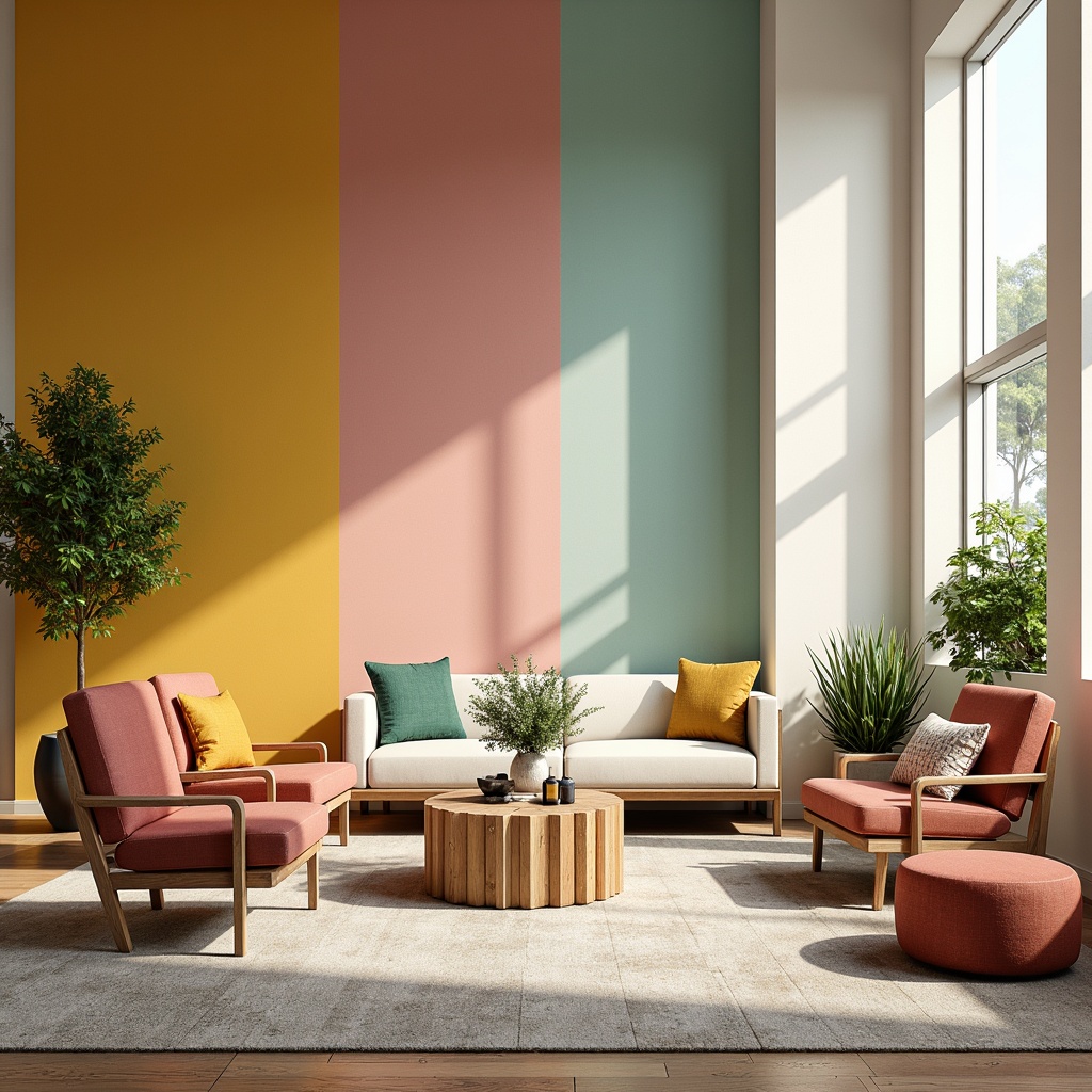 Prompt: Vibrant modern interior, sleek furniture, bold accent walls, soft pastel hues, rich wood tones, creamy whites, warm beige backgrounds, eclectic decorative accents, lush greenery, natural light pouring in, shallow depth of field, 3/4 composition, realistic textures, ambient occlusion.