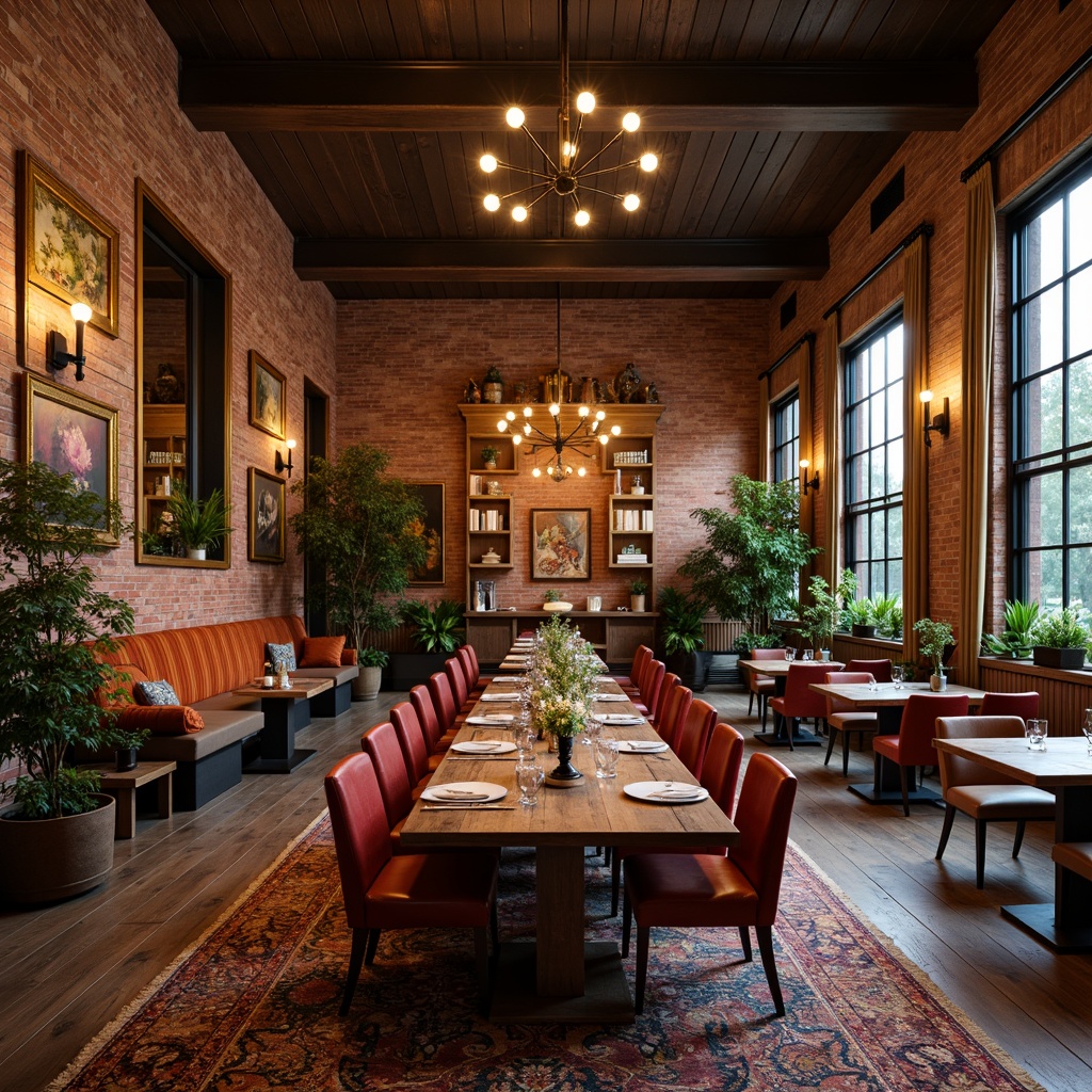 Prompt: Eclectic dining hall, rich wood tones, vintage furniture, distressed metal accents, ornate mirrors, plush velvet drapes, statement light fixtures, industrial pendant lamps, rustic chandeliers, Edison bulb sconces, warm golden lighting, soft ambient glow, dramatic high ceilings, exposed brick walls, reclaimed wood floors, lush greenery, natural textiles, bohemian-inspired decor, vibrant colorful artwork, abstract sculptures, eclectic patterned rugs.