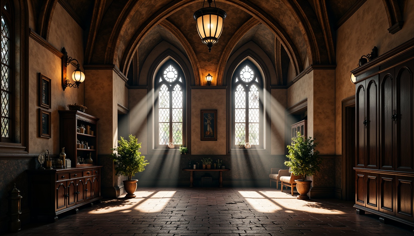 Prompt: Grandiose archways, ornate stone carvings, pointed ribbed vaults, majestic wooden doors, wrought iron hinges, mystical stained glass windows, intricate tracery patterns, rustic brick flooring, dark wooden cabinetry, mysterious lantern lighting, dramatic shadowing, 3/4 composition, low-angle shot, atmospheric fog effect, rich warm colors, detailed textures.