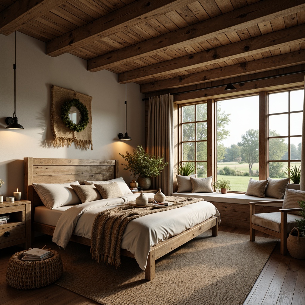 Prompt: Rustic farmhouse bedroom, vintage wooden furniture, distressed finishes, natural fabrics, linen bedding, burlap accents, reclaimed wood walls, plank flooring, soft warm lighting, candles, woven baskets, potted plants, floral patterns, earthy color palette, cozy atmosphere, plush area rugs, comfortable reading nook, oversized windows, countryside views, serene landscape, gentle morning light, 1/1 composition, intimate mood, realistic textures.