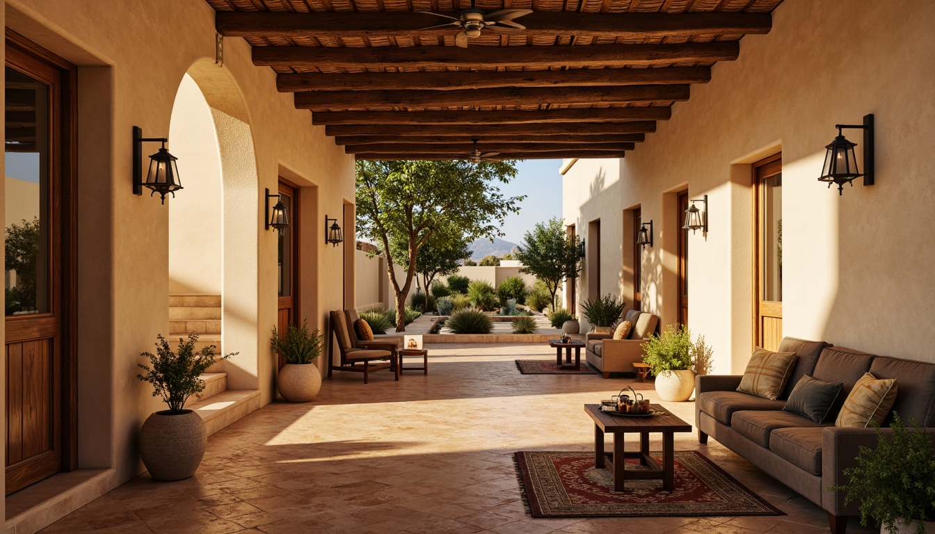 Prompt: Warm Mediterranean interior, soft golden lighting, warm beige walls, rustic wooden furniture, vintage decorative accents, earthy terracotta floors, lush greenery, natural stone archways, ornate metal lanterns, candlelit ambiance, warm sunny day, soft shadows, shallow depth of field, 1/2 composition, realistic textures, ambient occlusion.