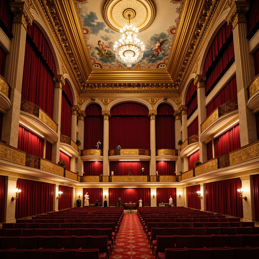 Prompt: Grand opera house, neoclassical architecture, ornate gold details, rich crimson velvet curtains, majestic marble columns, intricate fresco ceilings, ornamental plaster moldings, lavish crystal chandeliers, opulent red carpeting, luxurious golden balconies, dramatic spotlights, soft warm glow lighting, shallow depth of field, 2/3 composition, symmetrical perspective, realistic textures, ambient occlusion, Baroque-inspired ornamentation, intricate stucco work, grandiose scale, regal atmosphere.