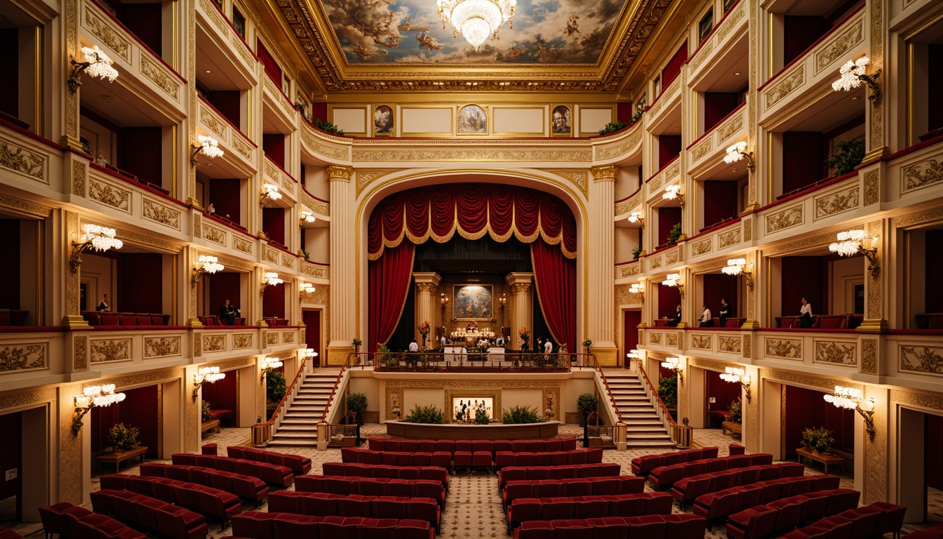 Prompt: Grand opera house, neoclassical architecture, ornate decorations, golden accents, red velvet curtains, crystal chandeliers, marble floors, sweeping staircases, grand balconies, intricate moldings, high ceilings, ornate frescoes, classical columns, symmetrical layout, central auditorium, tiered seating, luxurious VIP boxes, lavish stage design, dramatic lighting, warm color palette, rich textures, shallow depth of field, 1/2 composition, symmetrical framing, soft warm lighting, realistic reflections.