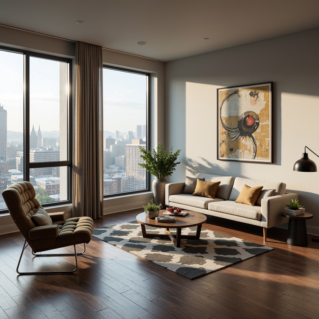 Prompt: Minimalist living room, sleek low-profile sofa, polished chrome legs, tufted velvet armchair, geometric-patterned rug, floor-to-ceiling windows, urban cityscape view, warm LED ambient lighting, Scandinavian-inspired wooden coffee table, metallic side tables, potted succulents, industrial-chic pendant lamps, abstract modern artwork, 1/1 composition, soft focus blur, natural materials, clean lines, monochromatic color scheme.