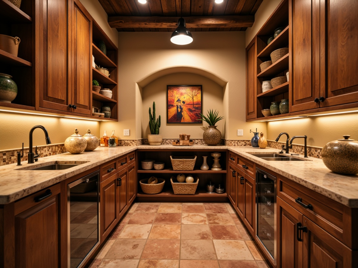 Prompt: Southwestern style pantry, warm earthy tones, wooden cabinetry, rustic metal hardware, terra cotta tiles, natural stone countertops, ambient warm lighting, soft glow, pendant lamps, recessed lighting, under-cabinet LED lights, warm beige walls, rich wood accents, woven baskets, colorful ceramic vases, desert-inspired artwork, open shelving, display of decorative cookware, shallow depth of field, 1/2 composition, realistic textures, soft shadows.