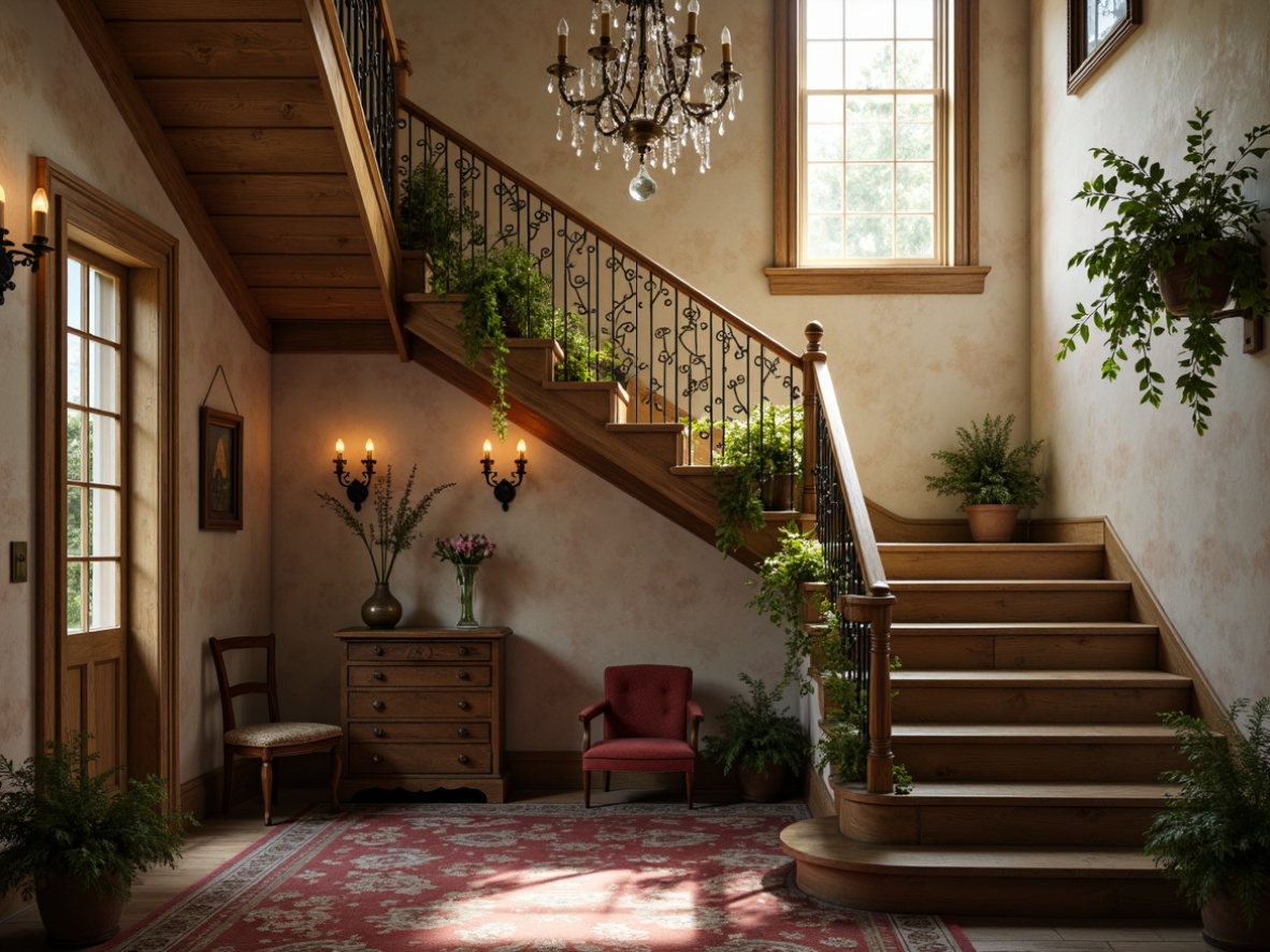 Prompt: Distressed wooden staircases, soft warm glow, vintage lanterns, crystal chandeliers, rustic metal railings, pastel-colored walls, floral patterns, lace details, ornate carvings, distressed finishes, antique furniture pieces, faded velvet fabrics, morning sunlight, gentle shadows, romantic ambiance, 1/1 composition, soft focus, realistic textures.