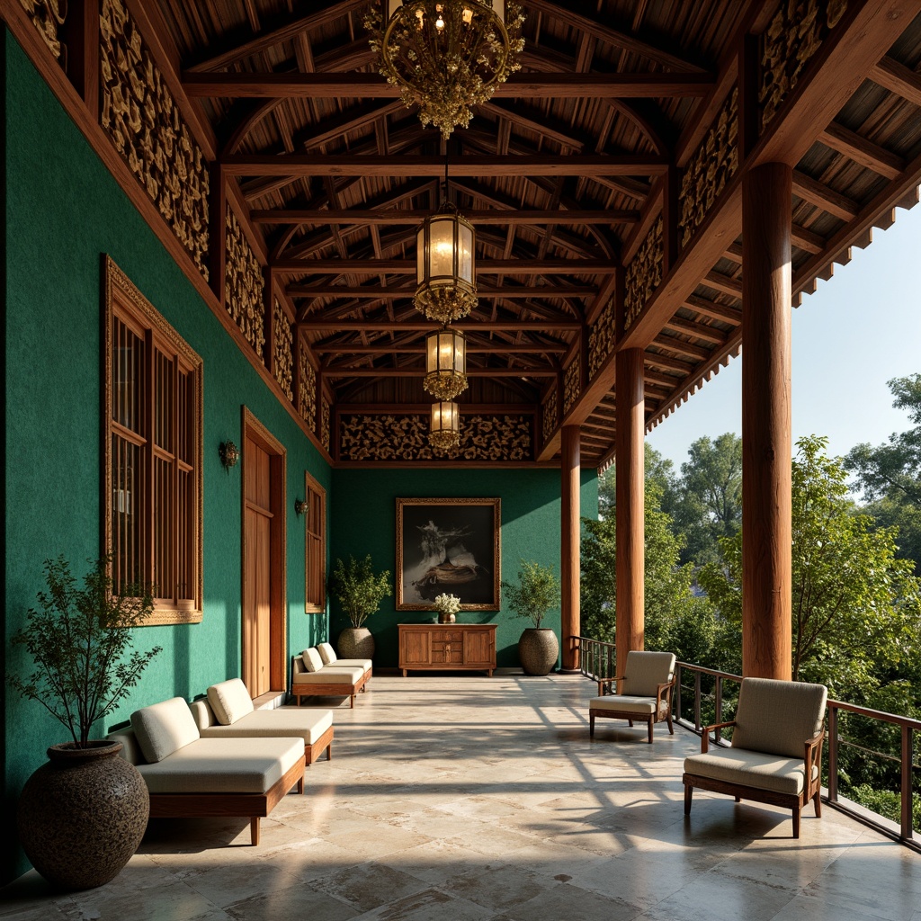 Prompt: Richly ornamented hall, traditional Asian-inspired architecture, intricately carved wooden accents, luxurious silk fabrics, vibrant jade green hues, polished marble floors, ornate lanterns, delicate paper wallcoverings, subtle gold leaf details, natural bamboo textures, warm ambient lighting, soft focus photography, 1/1 composition, intimate atmosphere, subtle shadows, elegant curves, refined minimalist approach.