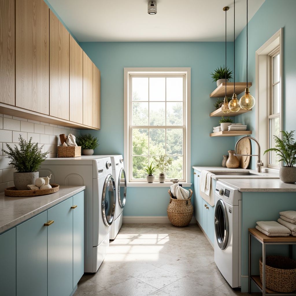 Prompt: Vibrant laundry room, soft pastel colors, calming atmosphere, sleek cabinetry, quartz countertops, stainless steel appliances, modern farmhouse sink, industrial-chic lighting fixtures, natural stone flooring, woven basket storage, minimalist decor, large windows, abundant natural light, gentle warm tone, shallow depth of field, 1/1 composition, realistic textures, ambient occlusion.