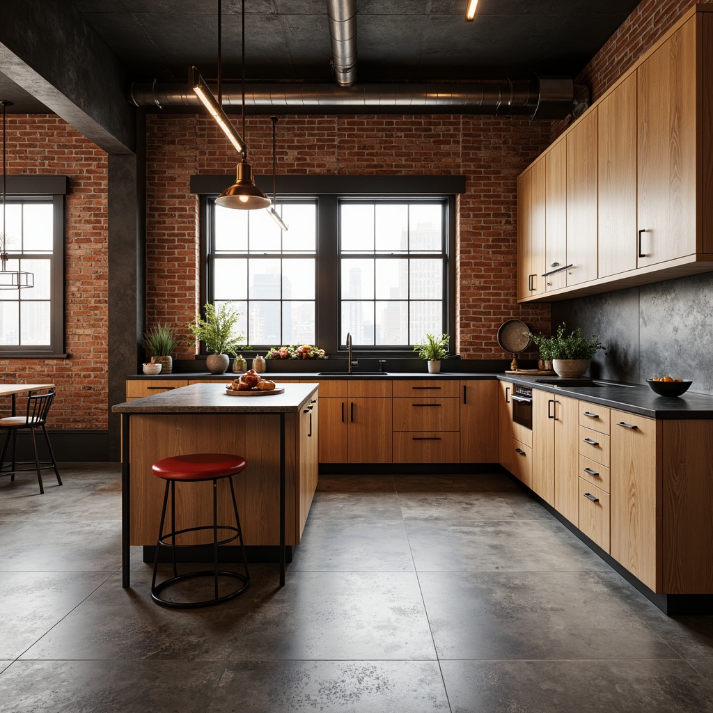 Prompt: Industrial-chic kitchen, exposed brick walls, polished concrete floors, minimalist wooden cabinetry, sleek metal hardware, bold primary colors, geometric patterns, functional simplicity, clean lines, rectangular shapes, industrial-style lighting fixtures, copper accents, matte black countertops, natural stone island, urban loft atmosphere, warm softbox lighting, shallow depth of field, 1/1 composition, realistic textures.