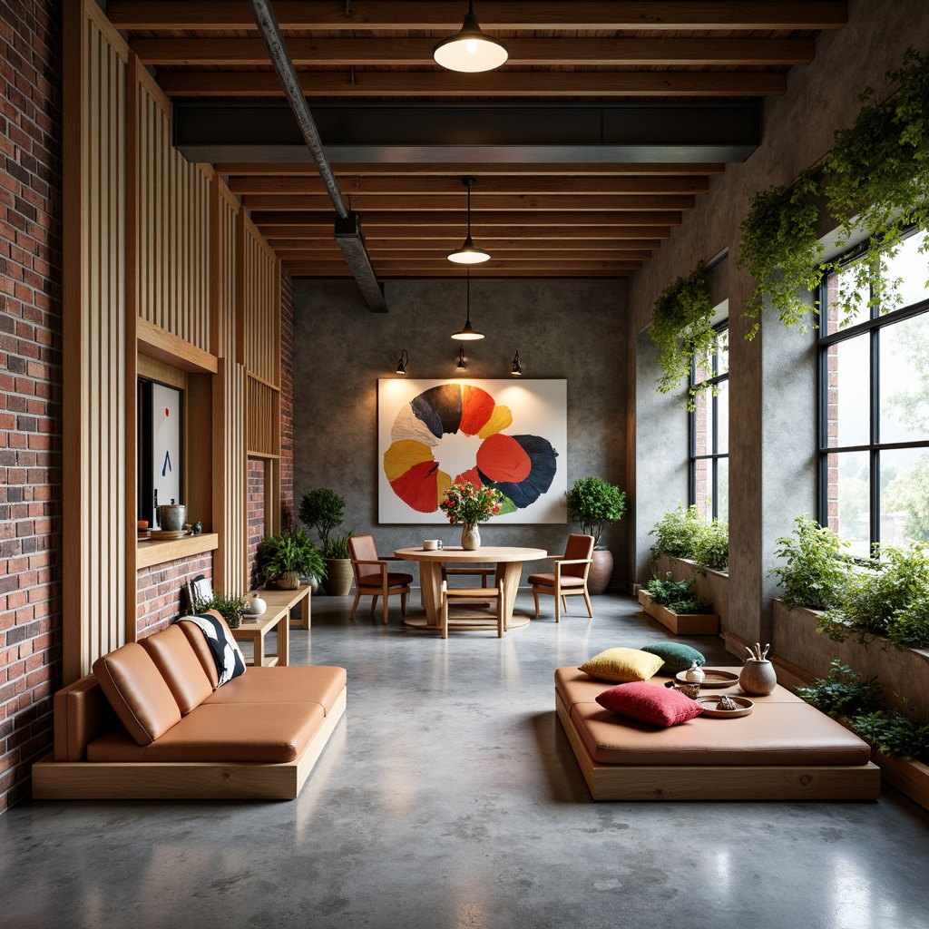 Prompt: Minimalist open space, loft-style interior, exposed brick walls, industrial metal beams, polished concrete floors, natural wood accents, Asian-inspired decor, sliding shoji screens, low-seating furniture, vibrant colorful throw pillows, lush greenery, pendant lighting fixtures, soft warm glow, shallow depth of field, 1/1 composition, realistic textures, ambient occlusion.