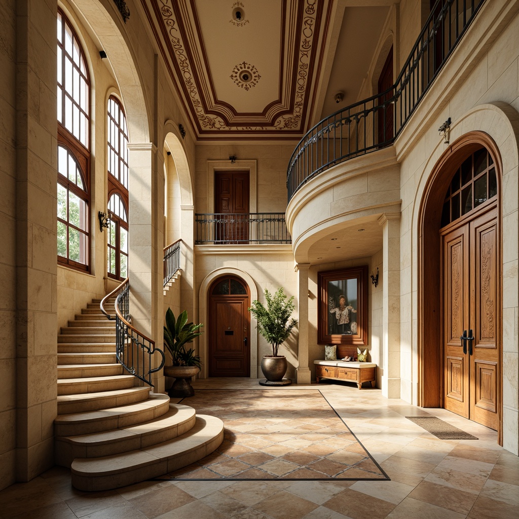 Prompt: Elegant mansion, ornate facade, cream-colored stone walls, rustic brick accents, ornamental wooden doors, carved doorframes, grand entrance halls, sweeping staircases, polished marble floors, rich wood paneling, decorative ceiling moldings, intricate plasterwork, warm golden lighting, soft shadows, atmospheric perspective, 1/1 composition, realistic textures, ambient occlusion.