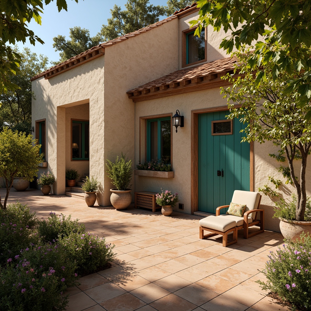 Prompt: Warm Mediterranean villa, textured stucco walls, soft earthy tones, rustic stone accents, ornate wooden doors, distressed wood beams, vibrant turquoise shutters, lush greenery, climbing vines, blooming flowers, sun-kissed terracotta tiles, shallow depth of field, 3/4 composition, warm golden lighting, realistic textures, ambient occlusion.