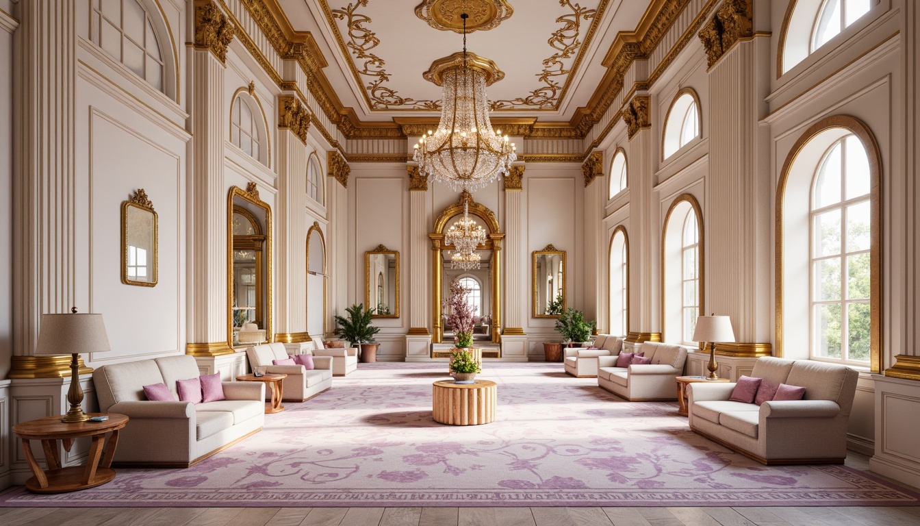 Prompt: Elegant palace interior, ornate gold details, soft pastel hues, creamy whites, pale pinks, lavender accents, rich velvety textures, intricate patterns, Baroque-inspired architecture, opulent chandeliers, lavish furnishings, ornamental mirrors, subtle warm lighting, shallow depth of field, 1/1 composition, realistic renderings, ambient occlusion.